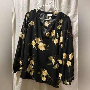 Floral Print Long Sleeve V-Neck Smocked Popover Blouse 2X Plus Size Black